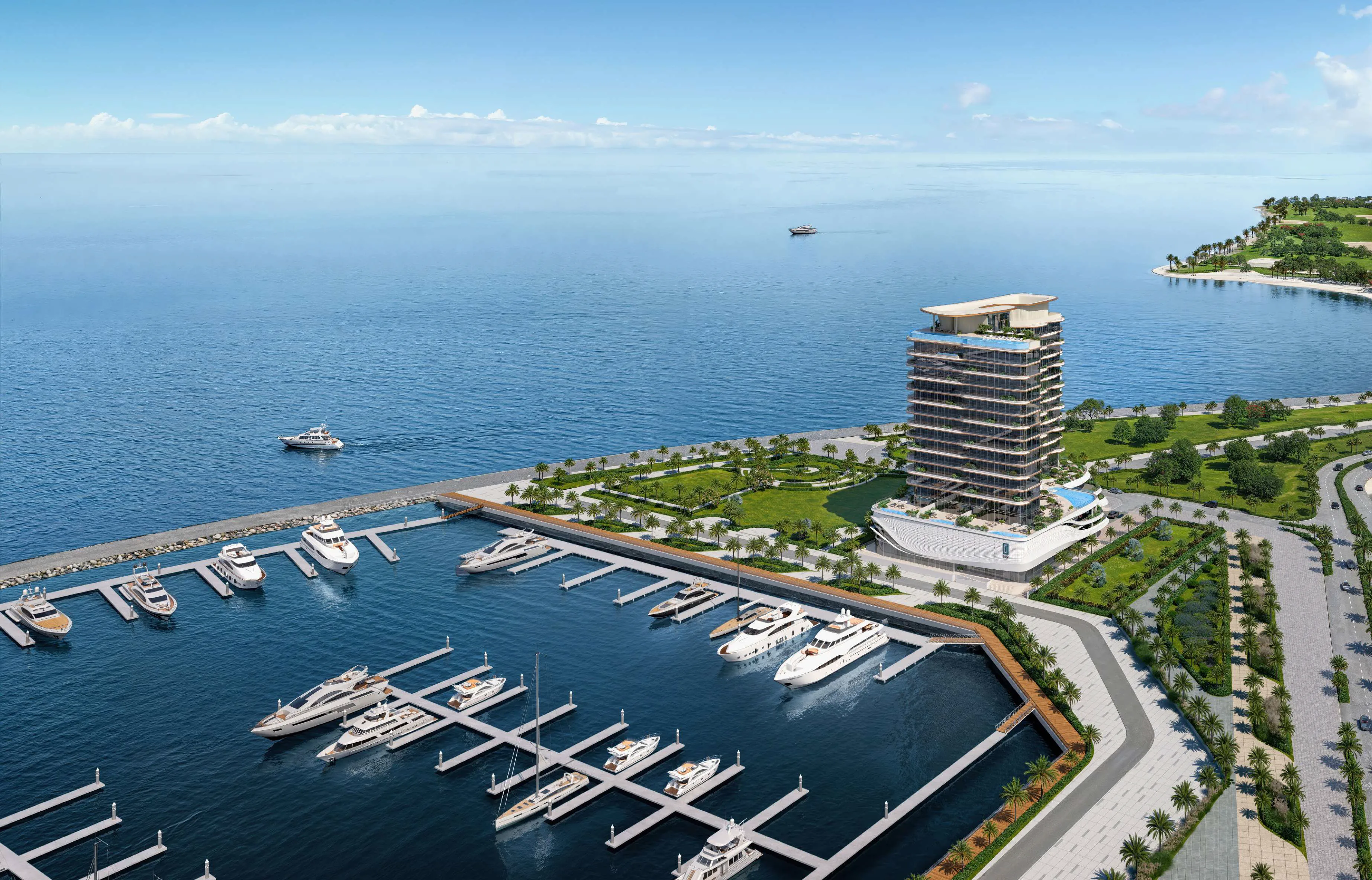 Aerial view of LIV Oceanside tower directly on the Dubai Islands Marina